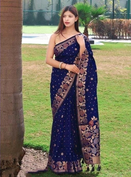 Reflective Navy Blue Color Banarasi Soft Silk Saree With Blouse Piece