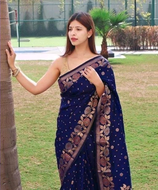 Reflective Navy Blue Color Banarasi Soft Silk Saree With Blouse Piece