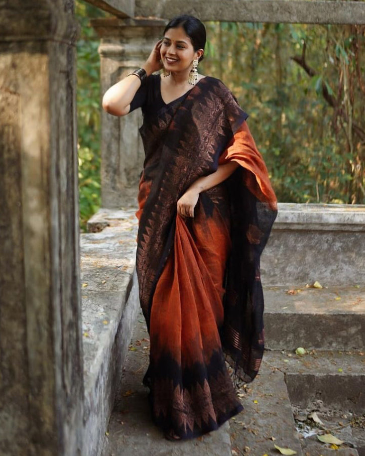 Luminous Orange Color Soft Lichi Silk Saree With Blouse Piece