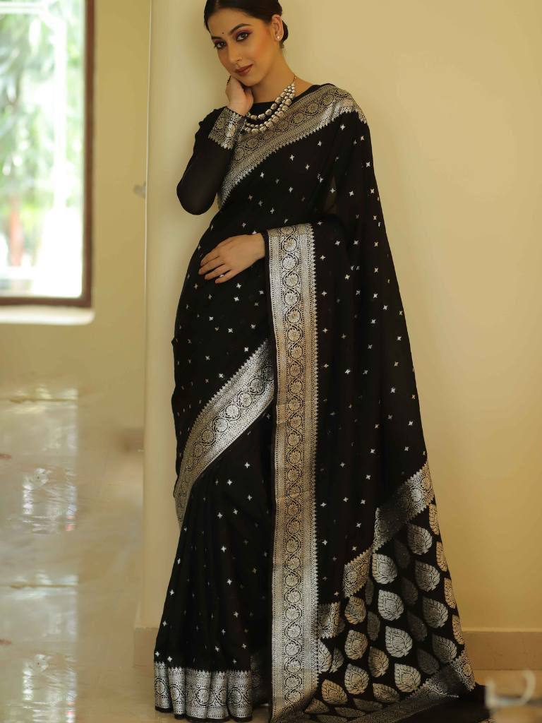 Opulent Black Color Cotton Linen Silk Saree With Blouse Piece