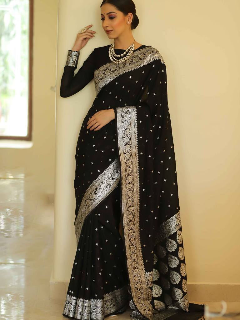 Opulent Black Color Cotton Linen Silk Saree With Blouse Piece