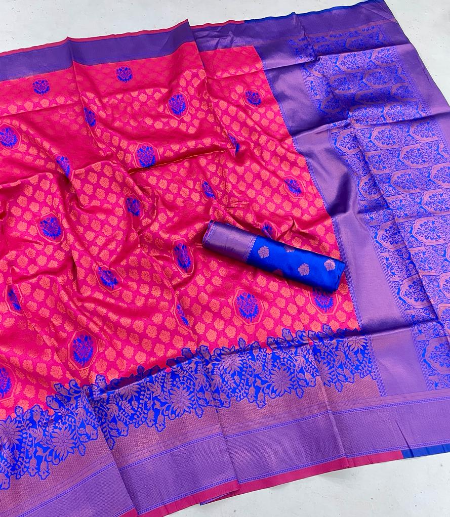 Charming Dark Pink Color Banarasi Soft Silk Saree With Blouse Piece