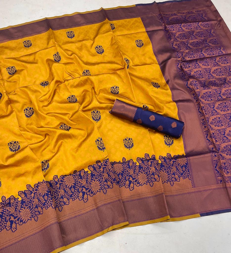 Passionate Mustard Color Banarasi Soft Silk Saree With Blouse Piece