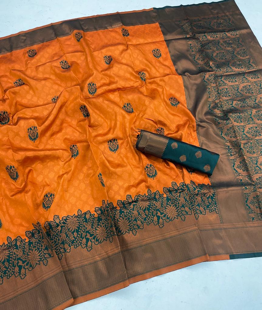 Mesmerizing Orange Color Banarasi Soft Silk Saree With Blouse Piece