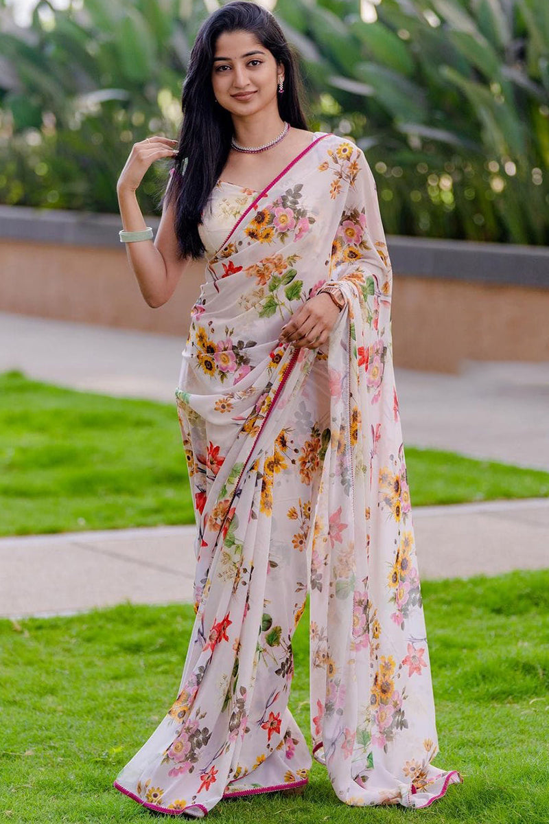 Whimsical White Color Digital Printed Georgette Silk Saree With Blouse Piece