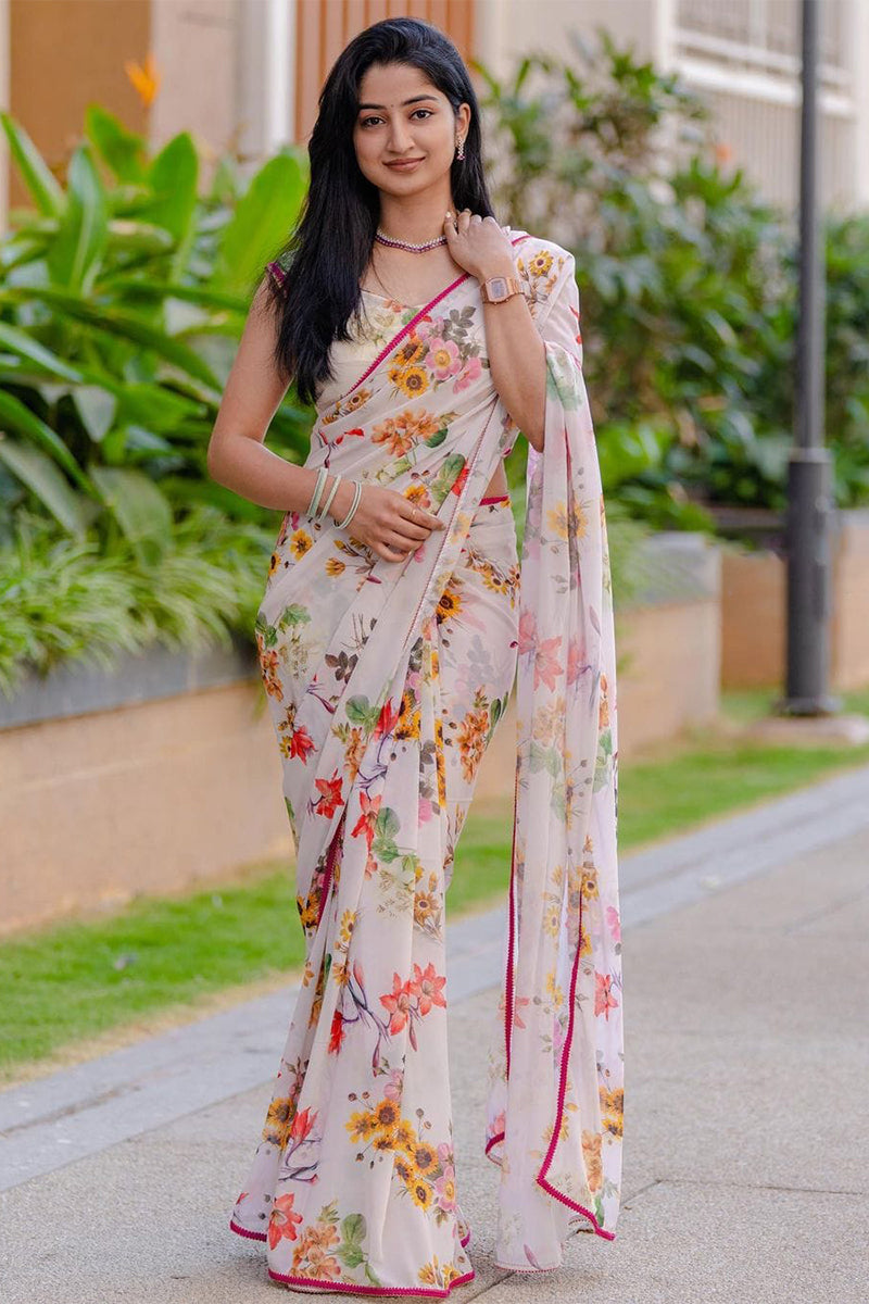 Whimsical White Color Digital Printed Georgette Silk Saree With Blouse Piece