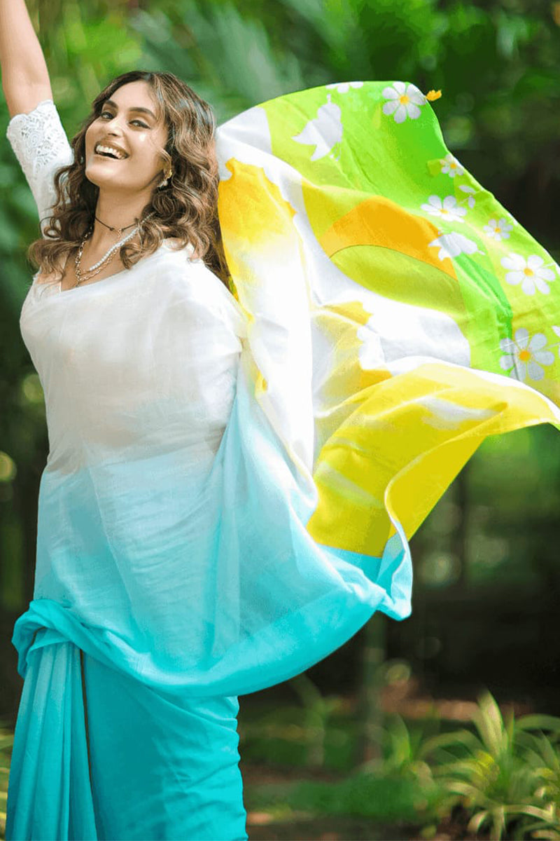 Ethereal Firozi And Yellow Digital Printed Color Cotton Linen Silk Saree With Blouse Piece