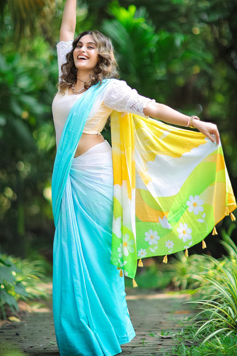 Ethereal Firozi And Yellow Digital Printed Color Cotton Linen Silk Saree With Blouse Piece