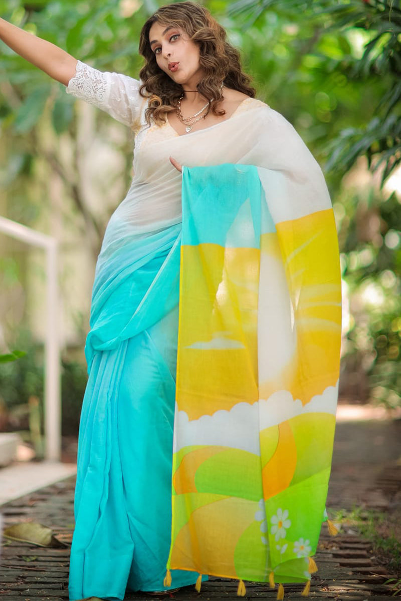 Ethereal Firozi And Yellow Digital Printed Color Cotton Linen Silk Saree With Blouse Piece