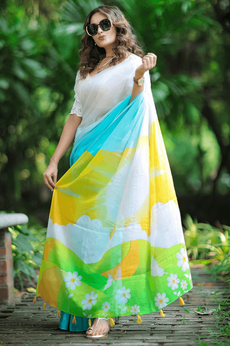 Ethereal Firozi And Yellow Digital Printed Color Cotton Linen Silk Saree With Blouse Piece