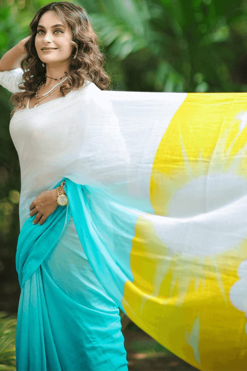 Ethereal Firozi And Yellow Digital Printed Color Cotton Linen Silk Saree With Blouse Piece