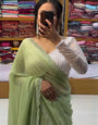 Enthralling Pista Color Diamond Work Georgette Silk Saree With Blouse Piece