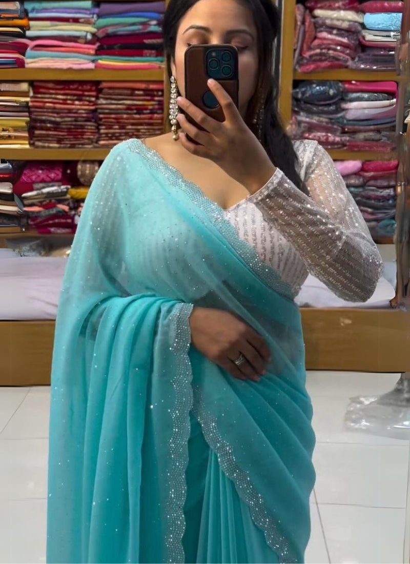 Sensuous Sky Blue Color Diamond Work Georgette Silk Saree With Blouse Piece