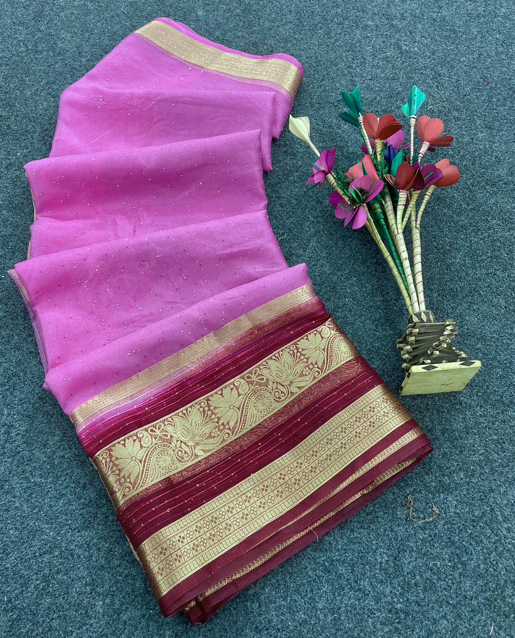 Angelic Dark Pink Color Organza Silk Saree With Blouse Piece