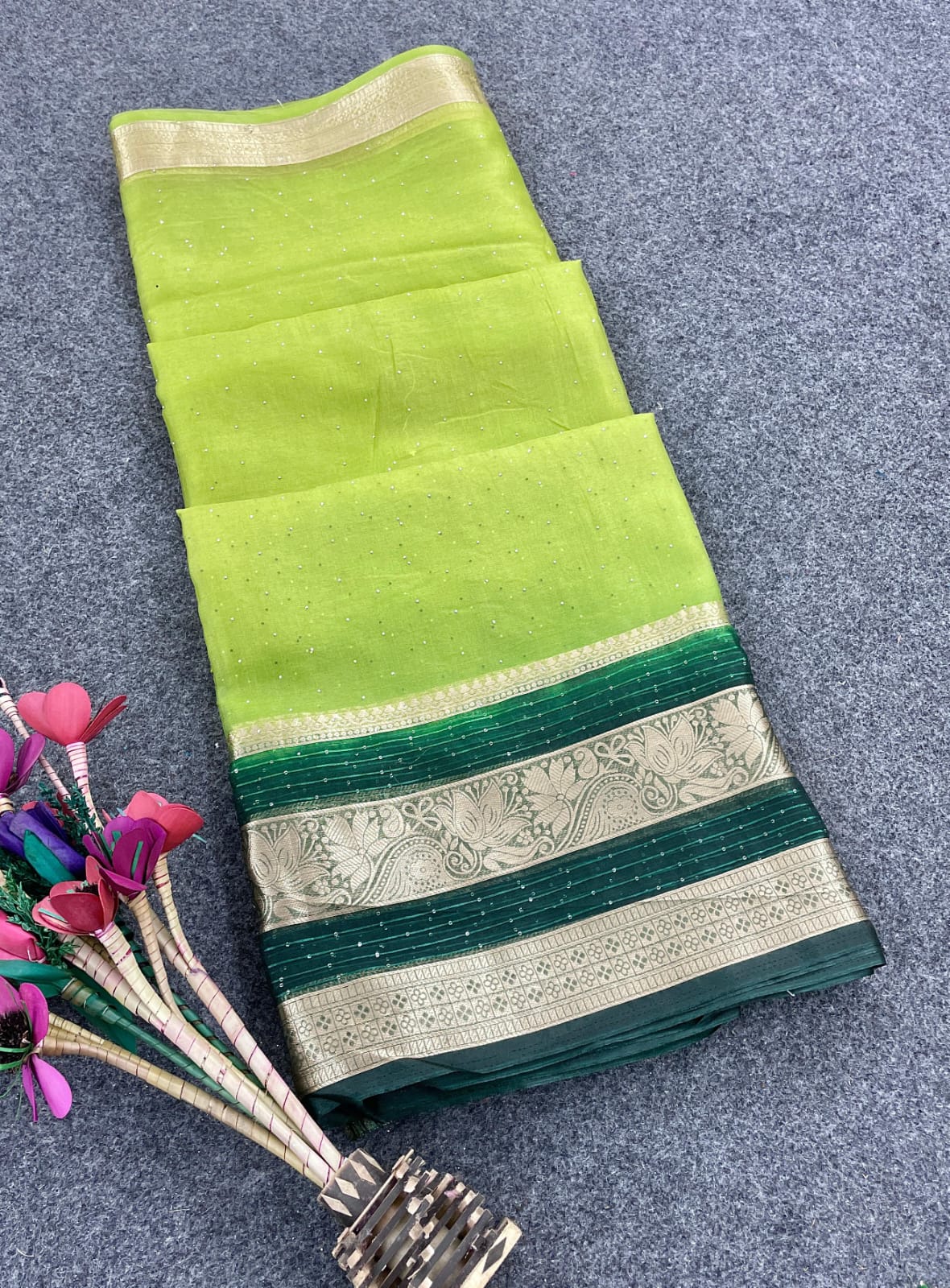 Enigmatic Parrot Green Color Organza Silk Saree With Blouse Piece