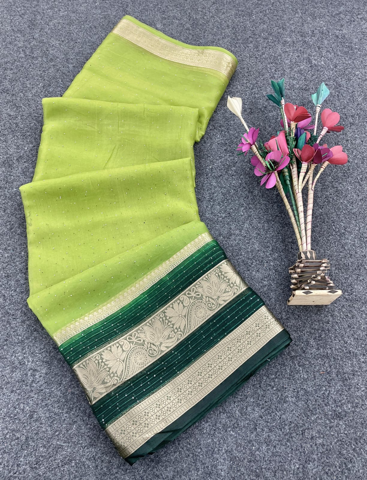 Enigmatic Parrot Green Color Organza Silk Saree With Blouse Piece