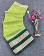 Enigmatic Parrot Green Color Organza Silk Saree With Blouse Piece