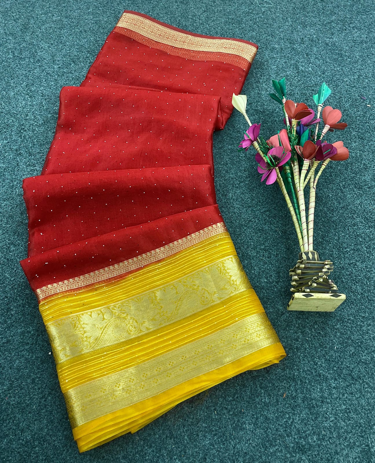 Twinkly Red Color Organza Silk Saree With Blouse Piece