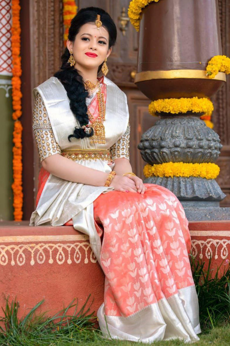 Ethereal Peach Color Soft Lichi Silk Saree With Blouse Piece