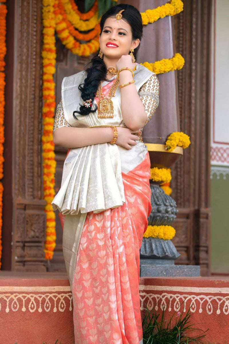 Ethereal Peach Color Soft Lichi Silk Saree With Blouse Piece