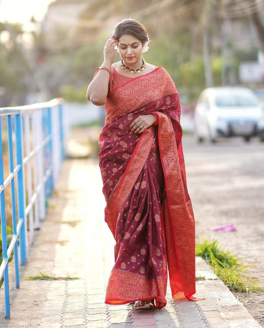 Exquisite Red Color Soft Lichi Silk Saree With Blouse Piece