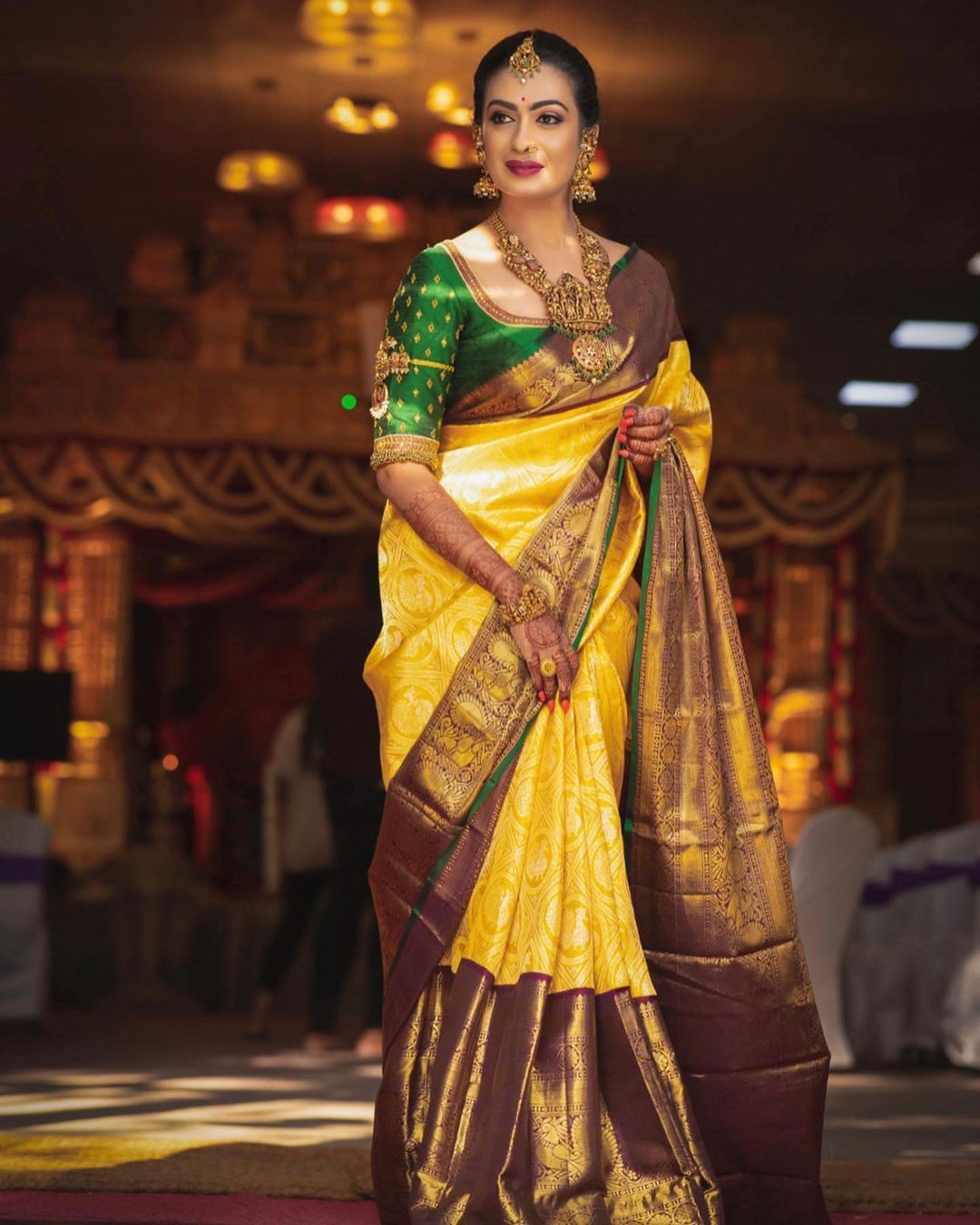 Divine Yellow Color Banarasi Soft Silk Saree With Blouse Piece