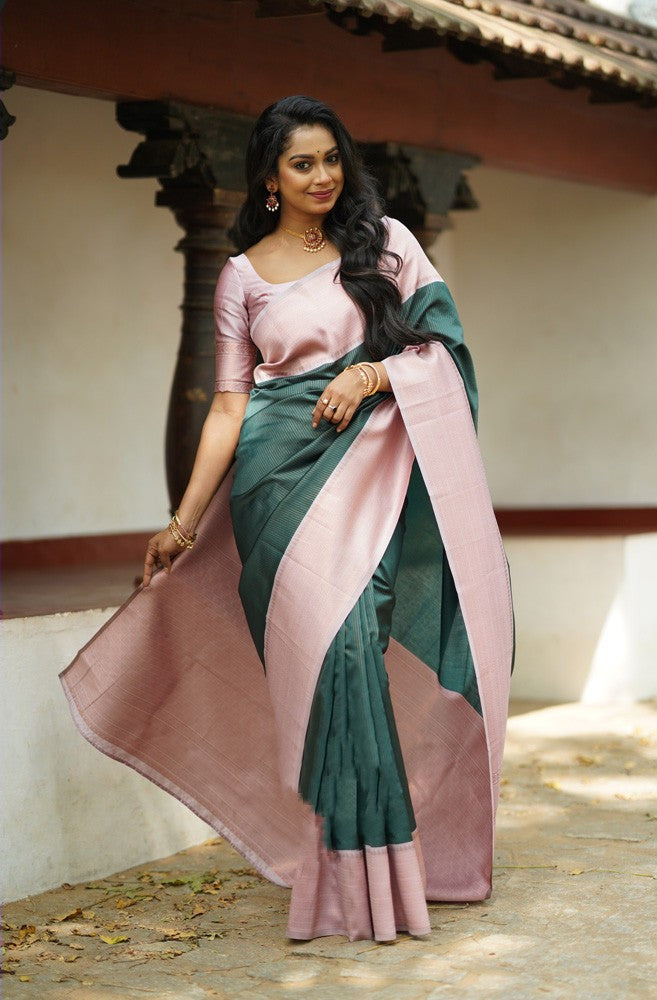 Enigmatic Dark Green Color Soft Lichi Silk Saree With Blouse Piece