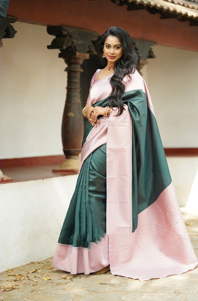 Enigmatic Dark Green Color Soft Lichi Silk Saree With Blouse Piece