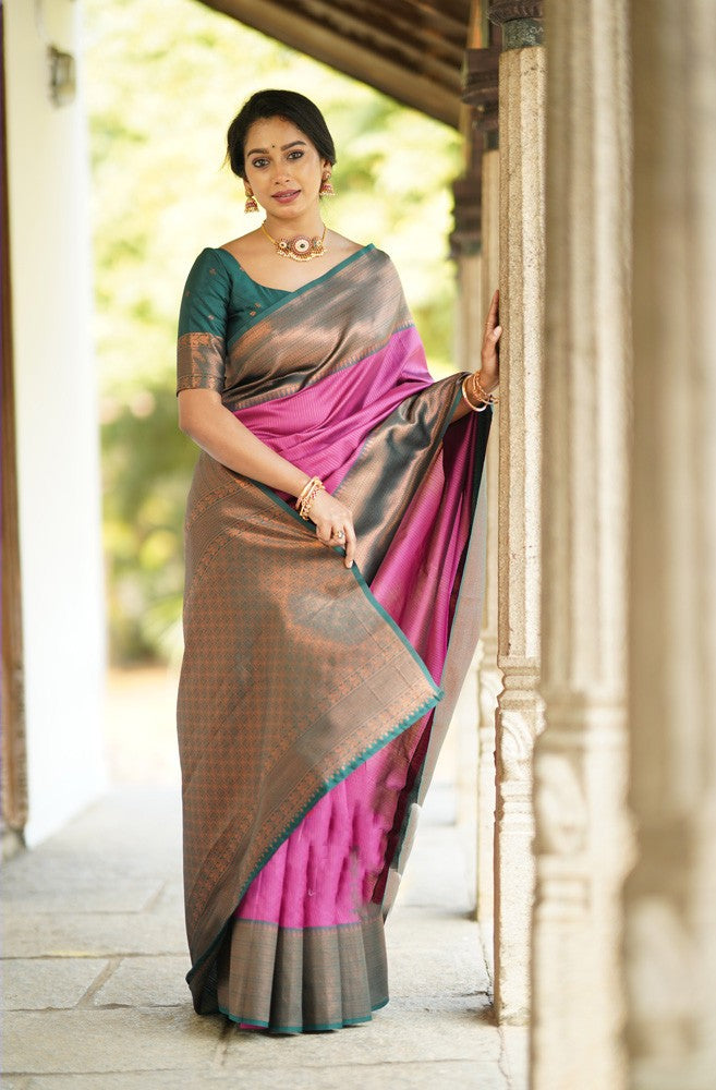 Resplendent Dark Pink Color Soft Lichi Silk Saree With Blouse Piece