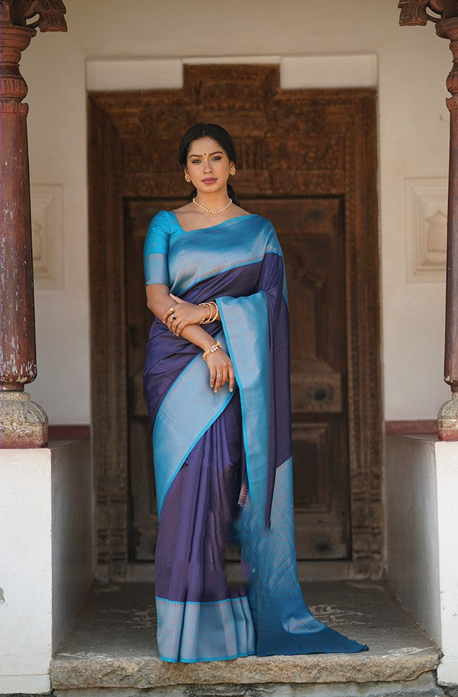 Splendid Navy Blue Color Soft Lichi Silk Saree With Blouse Piece