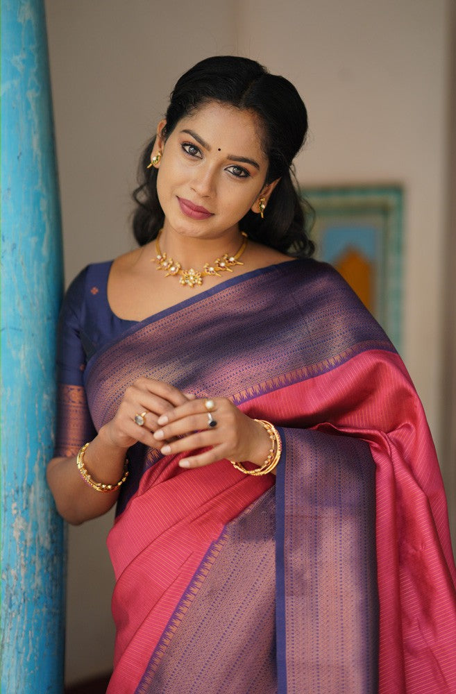 Breezy Pink Color Soft Lichi Silk Saree With Blouse Piece