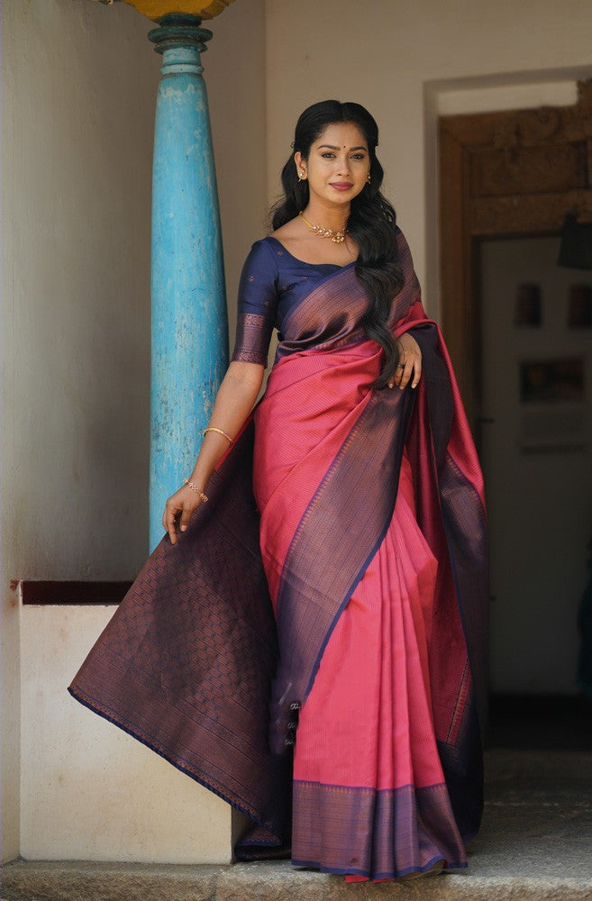 Breezy Pink Color Soft Lichi Silk Saree With Blouse Piece