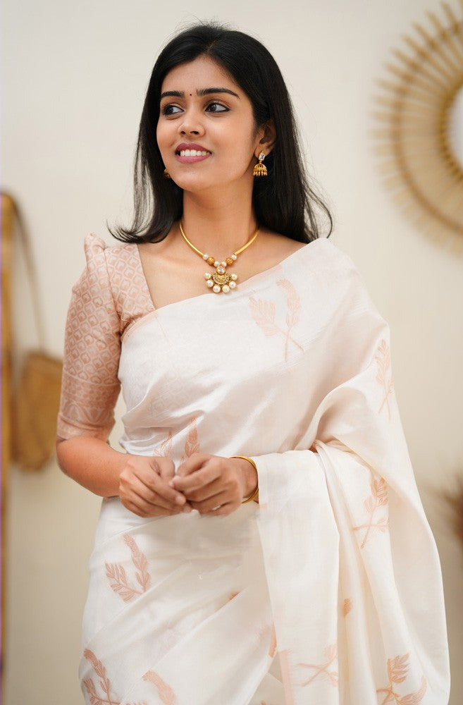 Angelic White Color Soft Lichi Silk Saree With Blouse Piece