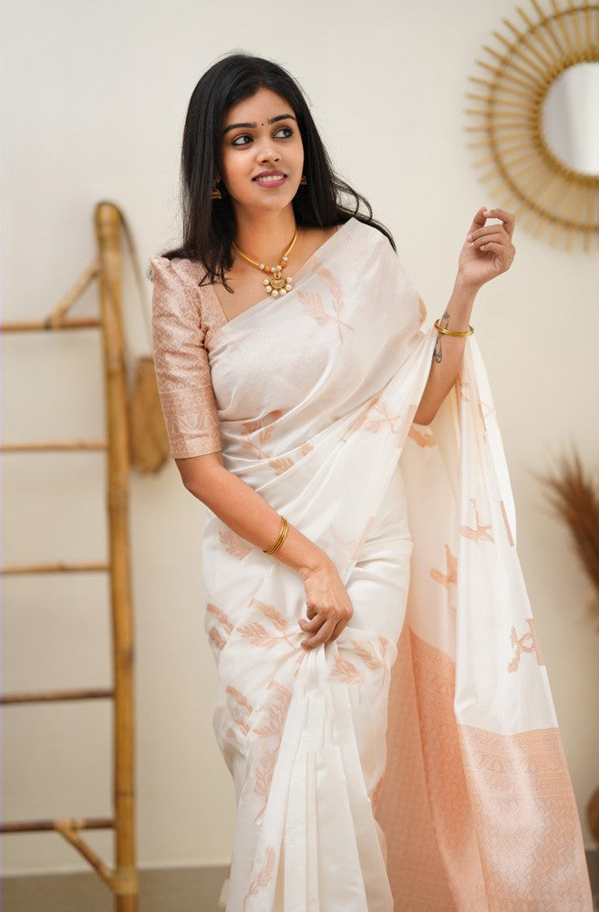 Angelic White Color Soft Lichi Silk Saree With Blouse Piece