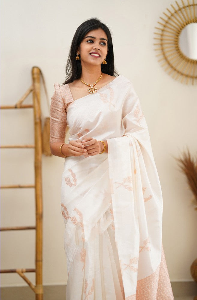 Angelic White Color Soft Lichi Silk Saree With Blouse Piece