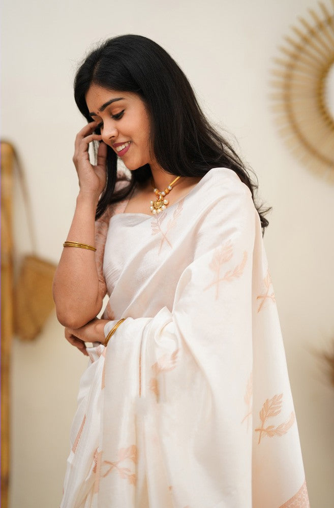 Angelic White Color Soft Lichi Silk Saree With Blouse Piece