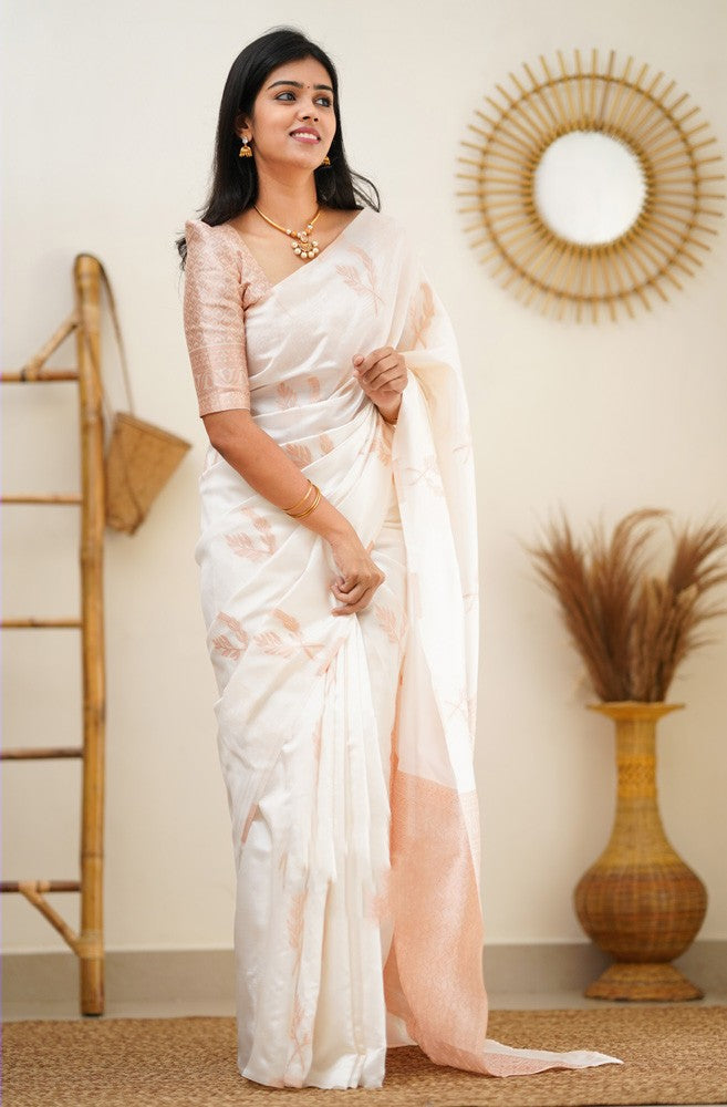 Angelic White Color Soft Lichi Silk Saree With Blouse Piece