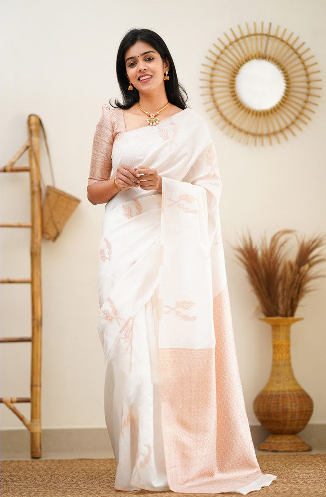 Angelic White Color Soft Lichi Silk Saree With Blouse Piece