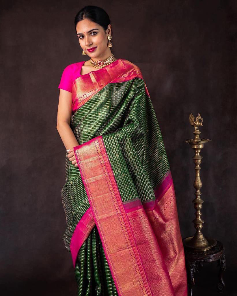 Twinkling Green Color Soft Lichi Silk Saree With Blouse Piece