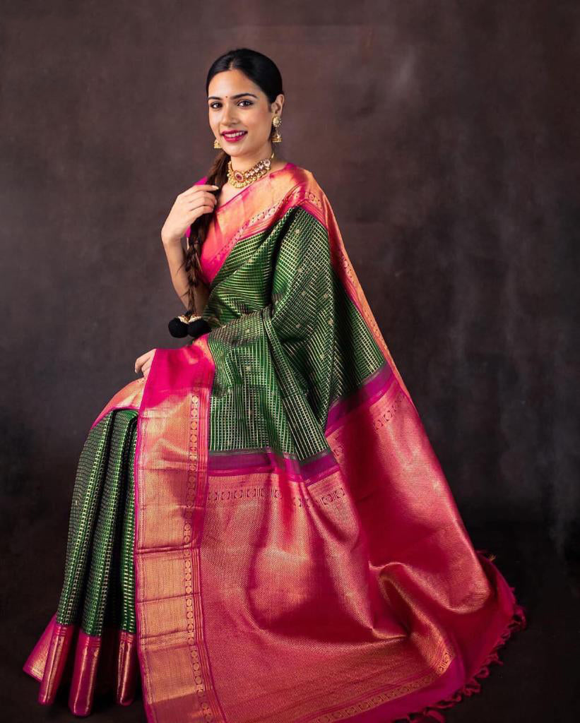 Twinkling Green Color Soft Lichi Silk Saree With Blouse Piece