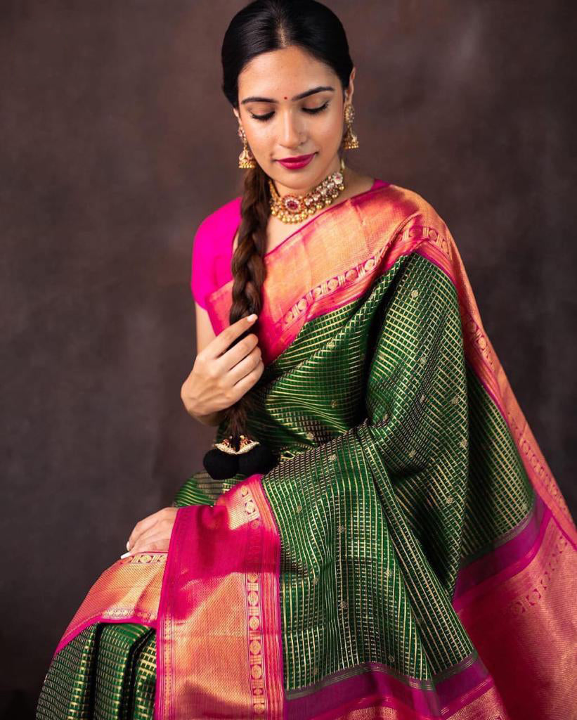 Twinkling Green Color Soft Lichi Silk Saree With Blouse Piece