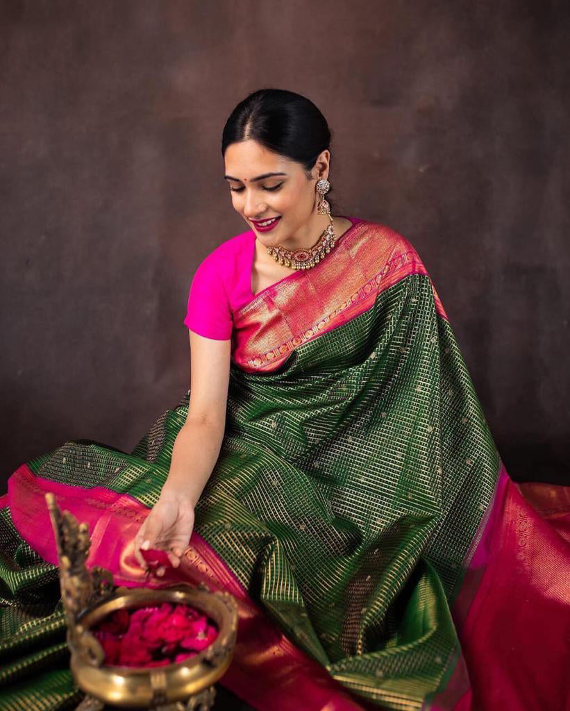 Twinkling Green Color Soft Lichi Silk Saree With Blouse Piece