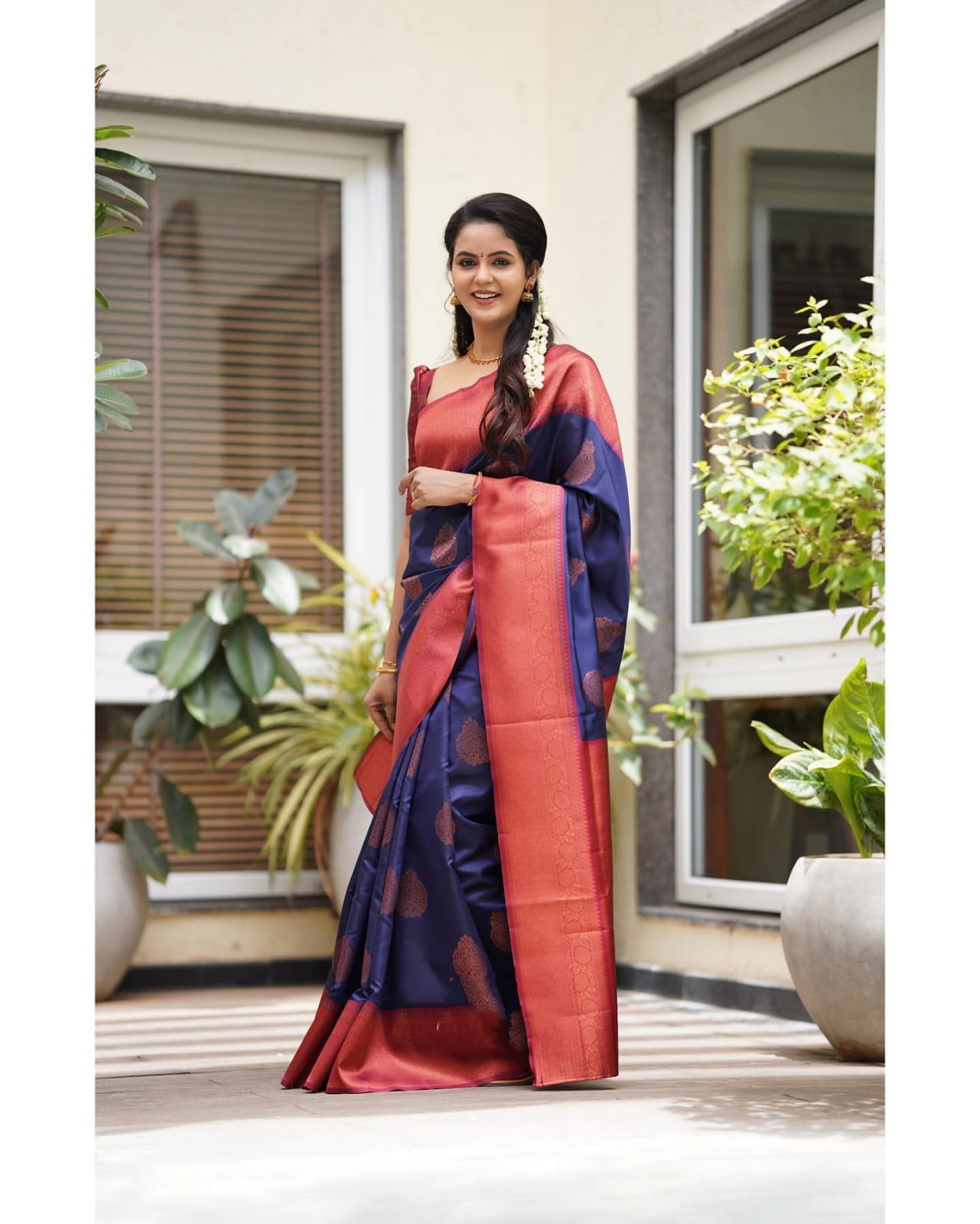 Exotic Navy Blue Color Soft Lichi Silk Saree With Blouse Piece