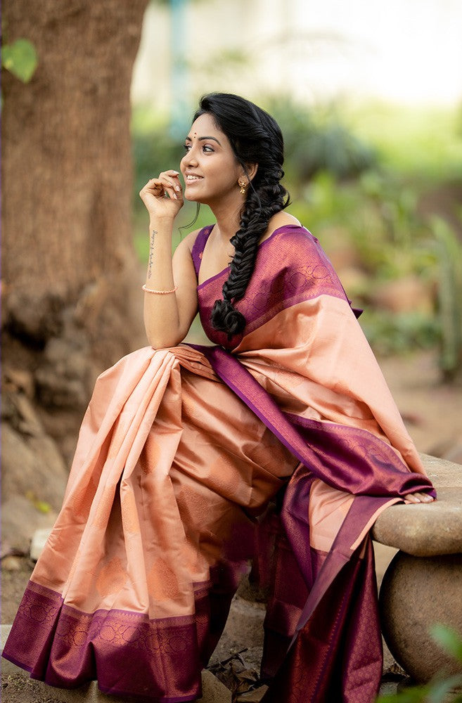 Tranquil Peach Color Soft Lichi Silk Saree With Blouse Piece