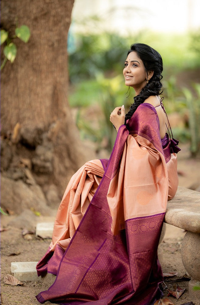 Tranquil Peach Color Soft Lichi Silk Saree With Blouse Piece