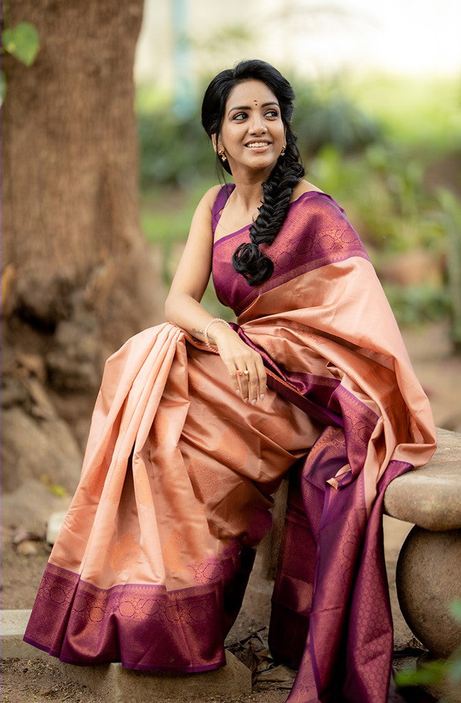 Tranquil Peach Color Soft Lichi Silk Saree With Blouse Piece