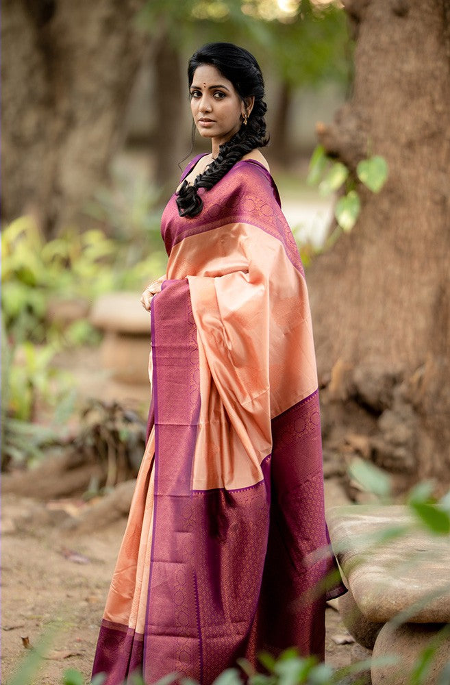 Tranquil Peach Color Soft Lichi Silk Saree With Blouse Piece