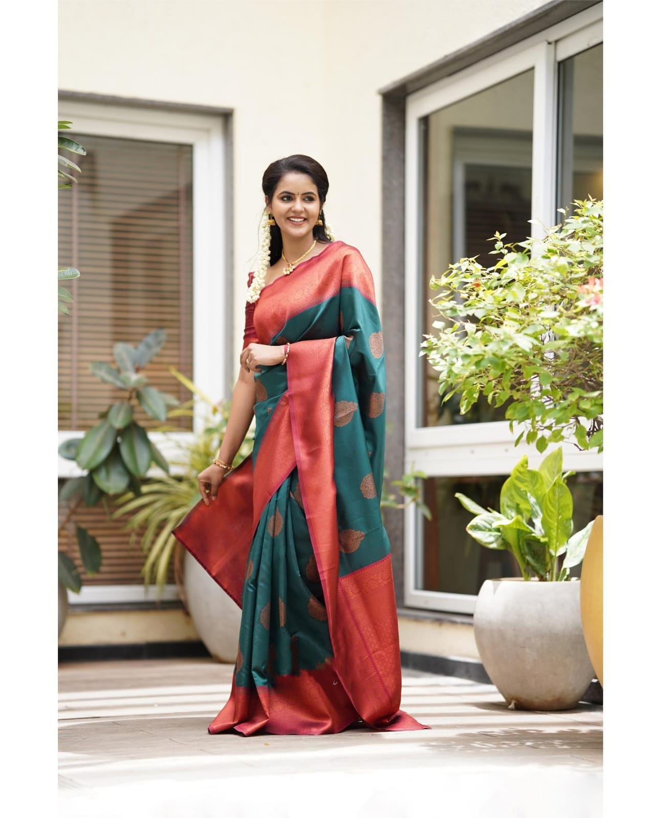 Intriguing Rama Green Color Soft Lichi Silk Saree With Blouse Piece