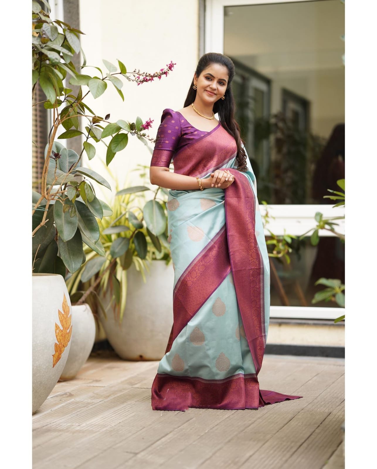 Sheer Sky Blue Color Soft Lichi Silk Saree With Blouse Piece