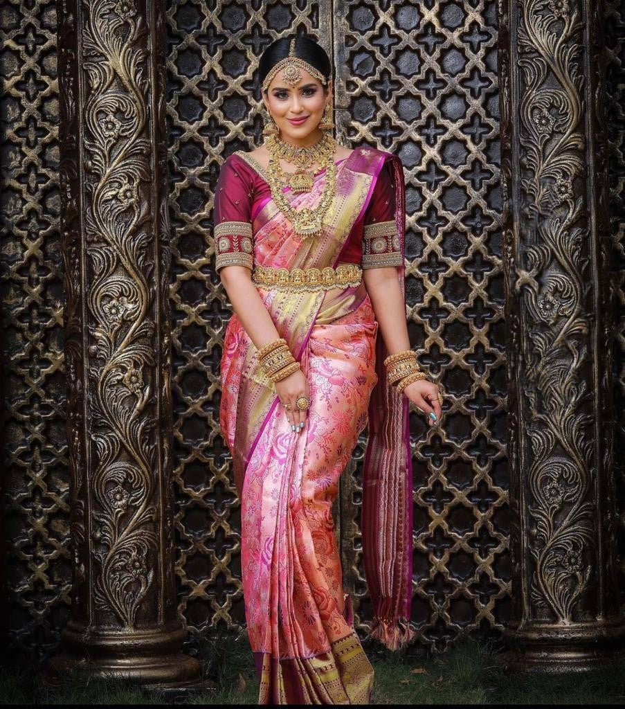 Enigmatic Pink Color Banarasi Soft Silk Saree With Blouse Piece